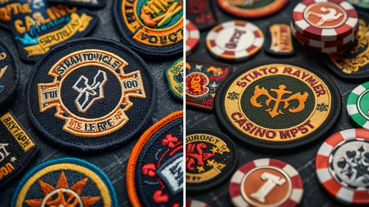 Side by side comparison of motorcycle patches and casino collectibles showing shared design elements