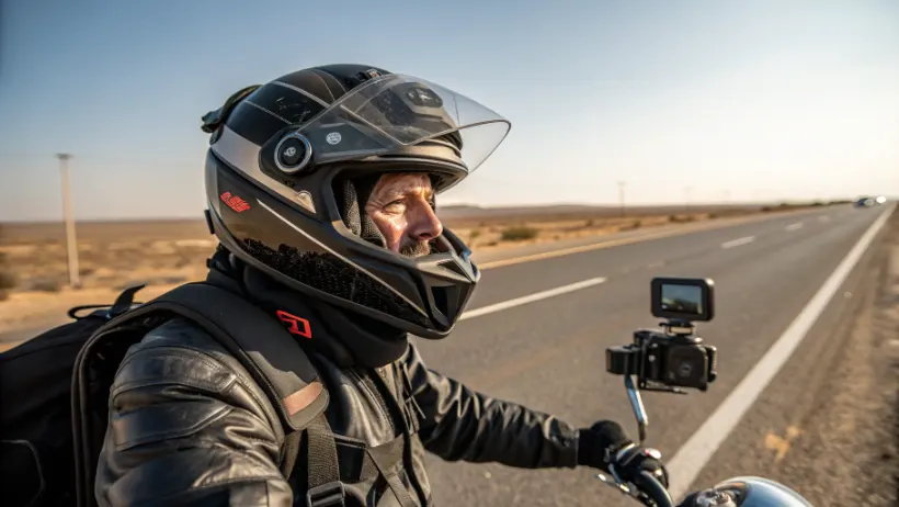 Adventure motorcyclist on a highway wearing a full-face helmet fitted with a Bluetooth communicator and mounted action camera, shot from the side against an open road landscape