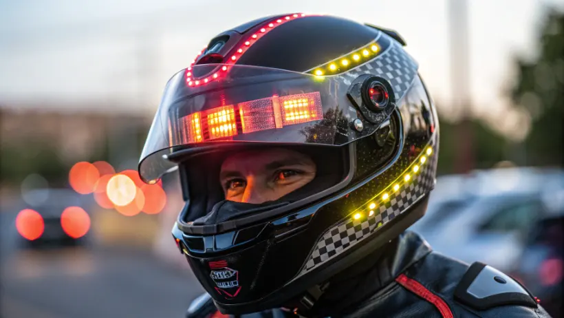Close-up of customized motorcycle helmet with LED lights and reflective stickers