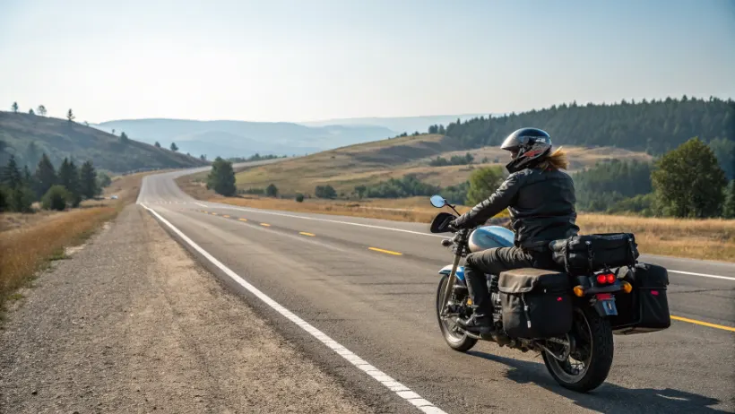 Motorcycle rider on open highway with saddlebags and touring accessories